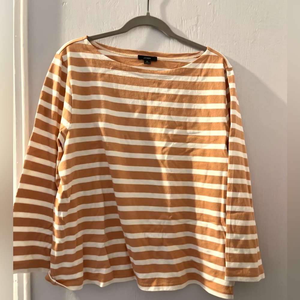 J. Crew peach and white striped boatneck long sleeved shirt
